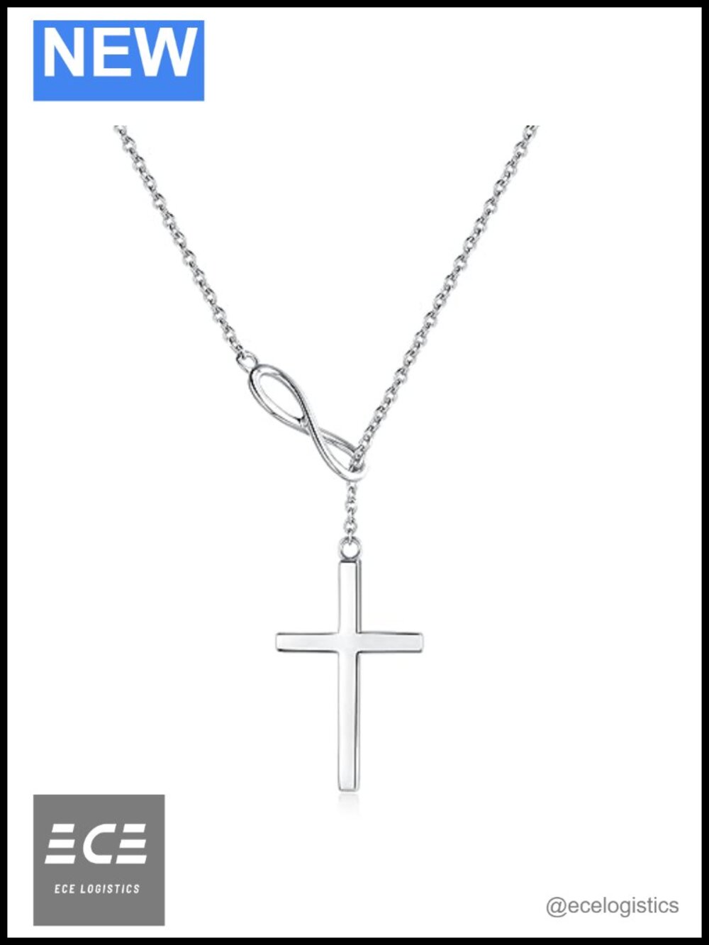 White Gold Plated 925 Sterling Silver Infinity Cross Pendant Lariat Necklace 18"